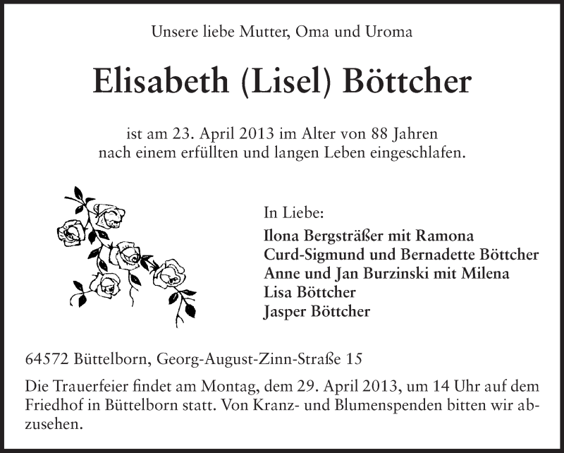  Traueranzeige für Elisabeth Böttcher vom 26.04.2013 aus Rüsselsheimer Echo, Groß-Gerauer-Echo, Ried Echo