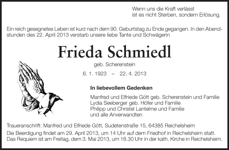  Traueranzeige für Frieda Schmiedl vom 26.04.2013 aus Odenwälder Echo