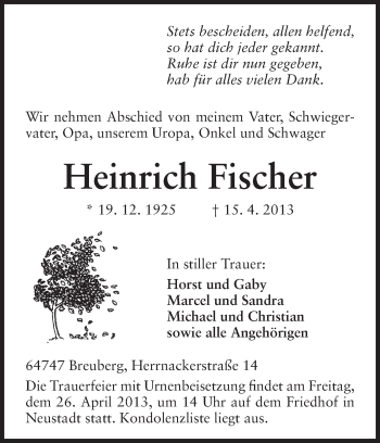 Traueranzeige von Heinrich Fischer von Odenwälder Echo