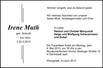 Traueranzeige von Irene Muth von Echo-Zeitungen (Gesamtausgabe)