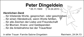 Traueranzeige von Peter Dingeldein von Echo-Zeitungen (Gesamtausgabe)