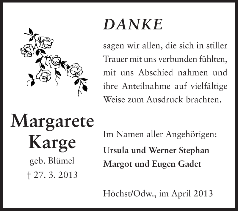  Traueranzeige für Margarete Karge vom 02.05.2013 aus Odenwälder Echo