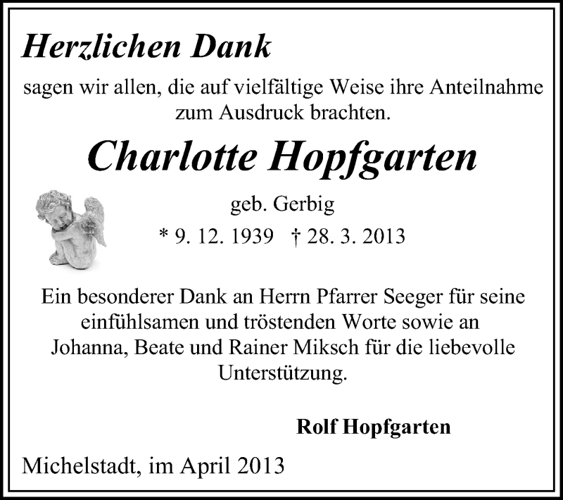  Traueranzeige für Charlotte Hopfgarten vom 27.04.2013 aus Odenwälder Echo
