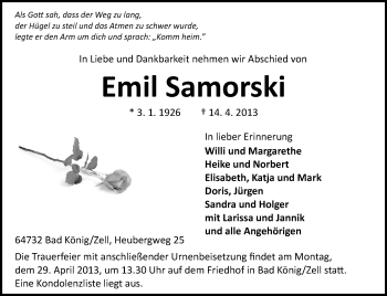Traueranzeige von Emil Samorski von Odenwälder Echo