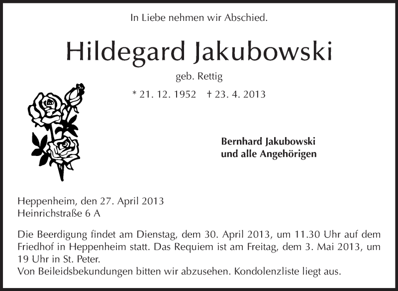  Traueranzeige für Hildegard Jakubowski vom 27.04.2013 aus Starkenburger Echo