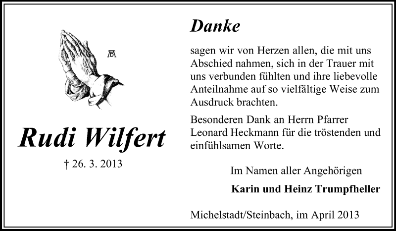  Traueranzeige für Rudi Wilfert vom 27.04.2013 aus Odenwälder Echo