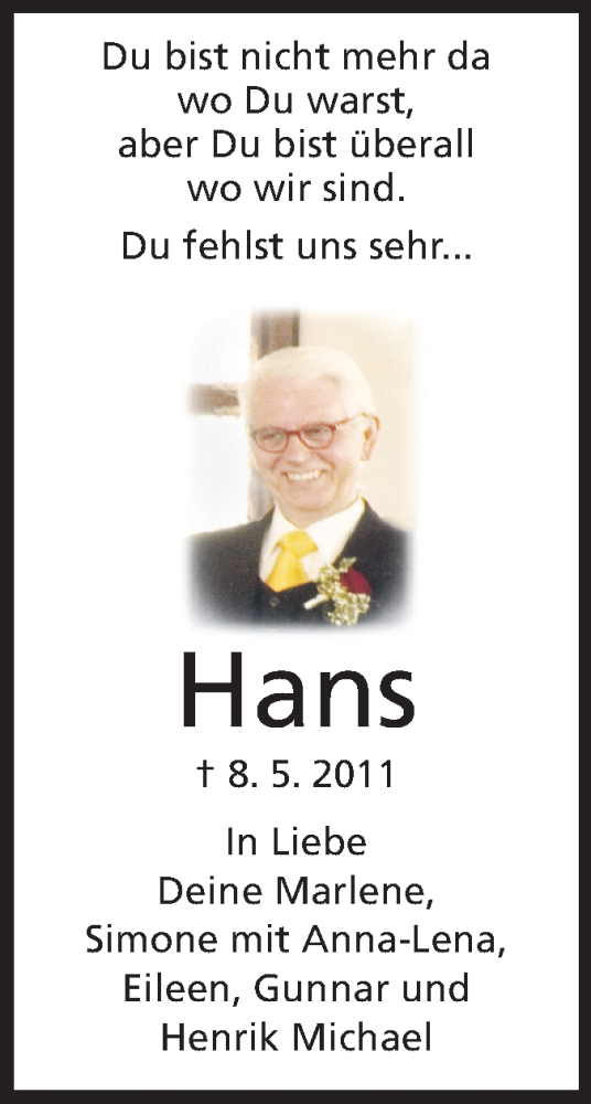  Traueranzeige für Hans Veit vom 10.05.2013 aus Rüsselsheimer Echo, Groß-Gerauer-Echo, Ried Echo