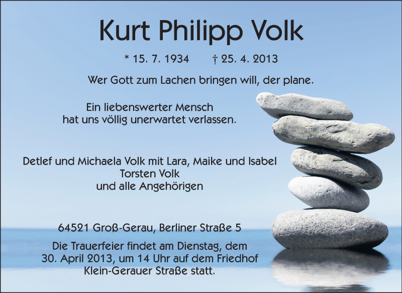  Traueranzeige für Kurt Philipp Volk vom 27.04.2013 aus Rüsselsheimer Echo, Groß-Gerauer-Echo, Ried Echo