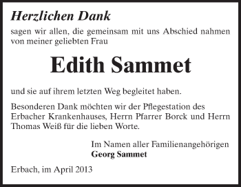 Traueranzeige von Edith Sammet von Odenwälder Echo