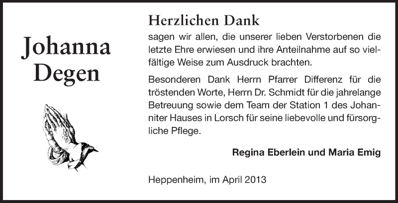  Traueranzeige für Johanna Degen vom 27.04.2013 aus Starkenburger Echo