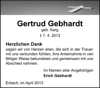 Traueranzeige von Gertrud Gebhardt von Odenwälder Echo