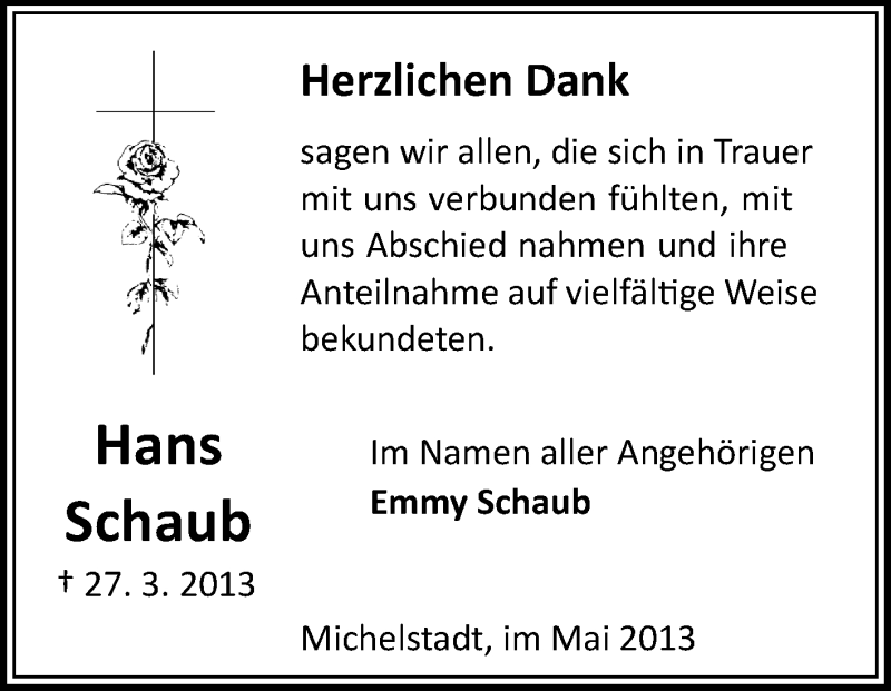  Traueranzeige für Hans Schaub vom 03.05.2013 aus Odenwälder Echo