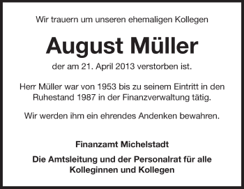 Traueranzeige von August Müller  von Odenwälder Echo
