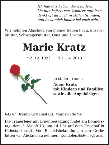 Traueranzeige von Marie Kratz von Odenwälder Echo