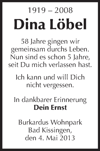 Traueranzeige von Dina Löbel von Rüsselsheimer Echo, Groß-Gerauer-Echo, Ried Echo