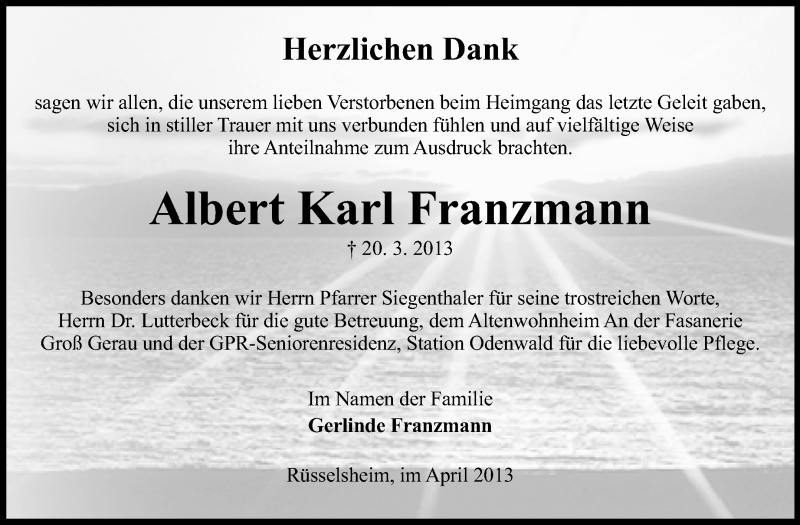  Traueranzeige für Albert Karl Franzmann vom 27.04.2013 aus Rüsselsheimer Echo, Groß-Gerauer-Echo, Ried Echo