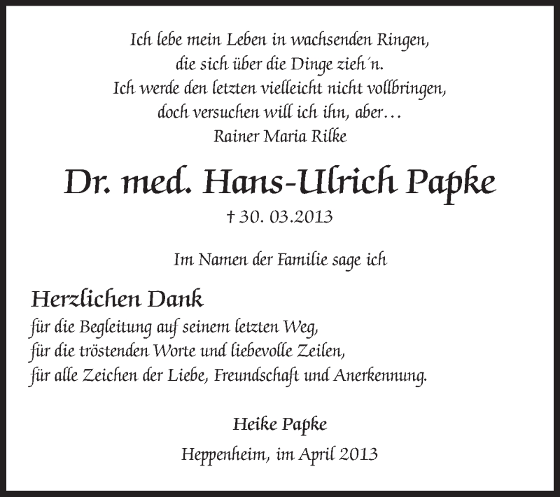  Traueranzeige für Hans-Ulrich Papke vom 27.04.2013 aus Starkenburger Echo