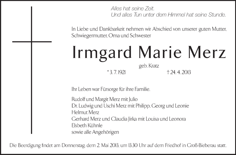  Traueranzeige für Irmgard Marie Merz vom 30.04.2013 aus Echo-Zeitungen (Gesamtausgabe)