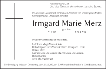 Traueranzeige von Irmgard Marie Merz von Echo-Zeitungen (Gesamtausgabe)
