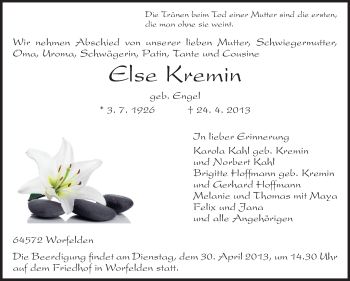 Traueranzeige von Else Kremin von Rüsselsheimer Echo, Groß-Gerauer-Echo, Ried Echo