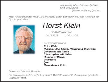 Traueranzeige von Horst Klein von Echo-Zeitungen (Gesamtausgabe)