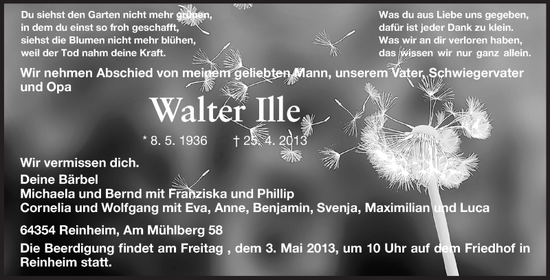  Traueranzeige für Walter Ille vom 29.04.2013 aus Darmstädter Echo, Odenwälder Echo, Rüsselsheimer Echo, Groß-Gerauer-Echo, Ried Echo