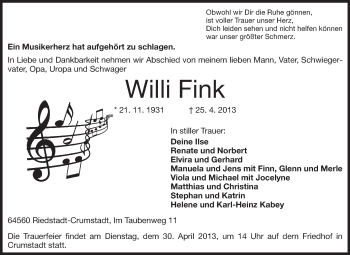 Traueranzeige von Willi Fink von Rüsselsheimer Echo, Groß-Gerauer-Echo, Ried Echo