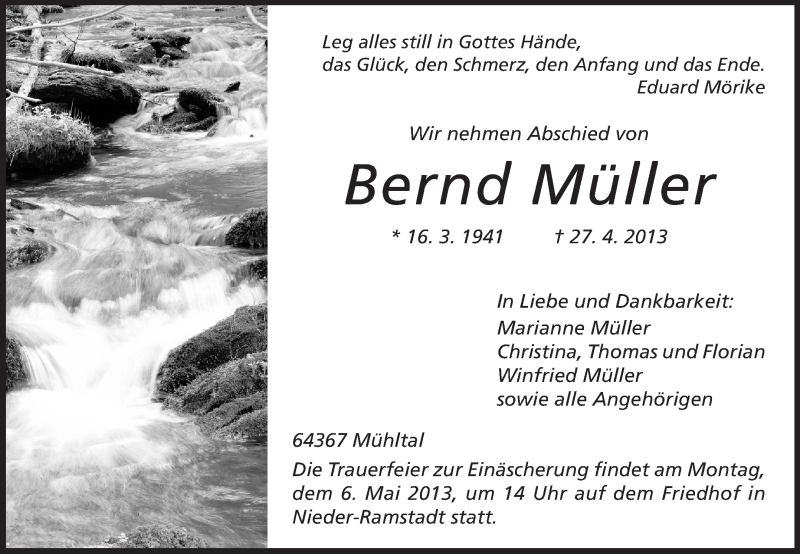  Traueranzeige für Bernd Müller vom 30.04.2013 aus Echo-Zeitungen (Gesamtausgabe)