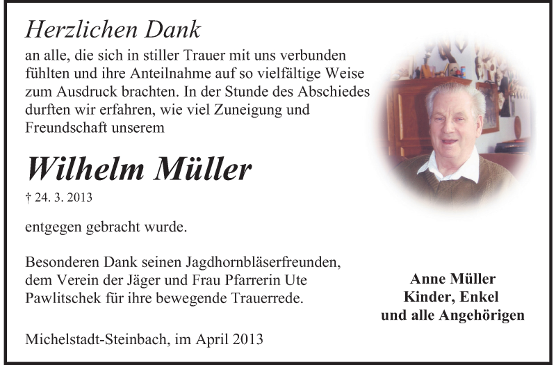  Traueranzeige für Wilhelm Müller vom 30.04.2013 aus Odenwälder Echo