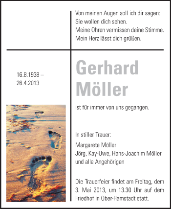 Traueranzeige von Gerhard Möller von Darmstädter Echo, Odenwälder Echo, Rüsselsheimer Echo, Groß-Gerauer-Echo, Ried Echo