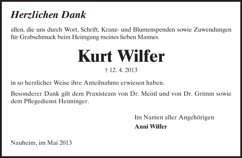  Traueranzeige für Kurt Wilfer vom 04.05.2013 aus Rüsselsheimer Echo, Groß-Gerauer-Echo, Ried Echo