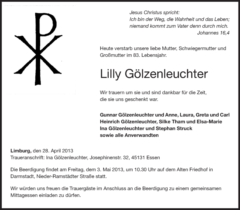  Traueranzeige für Lilly Gölzenleuchter vom 30.04.2013 aus Darmstädter Echo, Odenwälder Echo, Rüsselsheimer Echo, Groß-Gerauer-Echo, Ried Echo