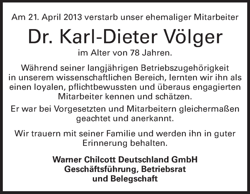  Traueranzeige für Karl-Dieter Völger vom 30.04.2013 aus Echo-Zeitungen (Gesamtausgabe)
