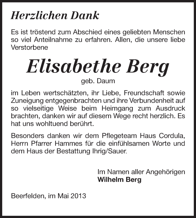 Traueranzeige für Elisabethe Berg vom 03.05.2013 aus Odenwälder Echo