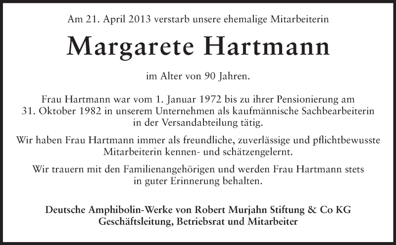  Traueranzeige für Margarete Hartmann vom 30.04.2013 aus Echo-Zeitungen (Gesamtausgabe)