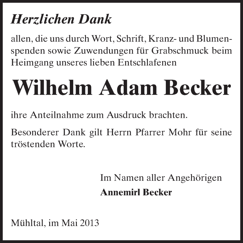  Traueranzeige für Wilhelm Adam Becker vom 04.05.2013 aus Echo-Zeitungen (Gesamtausgabe)