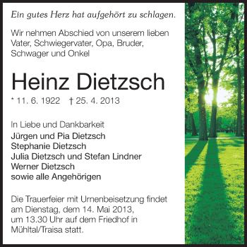 Traueranzeige von Heinz Dietzsch von Echo-Zeitungen (Gesamtausgabe)