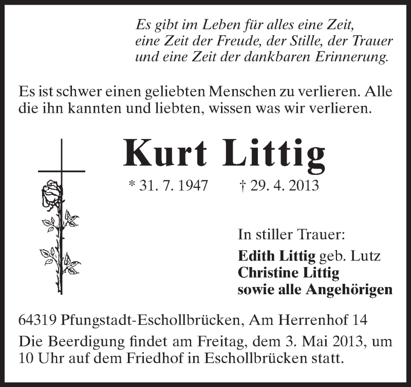  Traueranzeige für Kurt Littig vom 02.05.2013 aus Echo-Zeitungen (Gesamtausgabe)