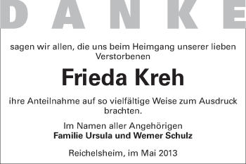 Traueranzeige von Frieda Kreh von Odenwälder Echo