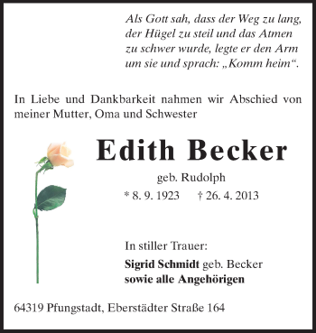Traueranzeige von Edith Becker von Echo-Zeitungen (Gesamtausgabe)