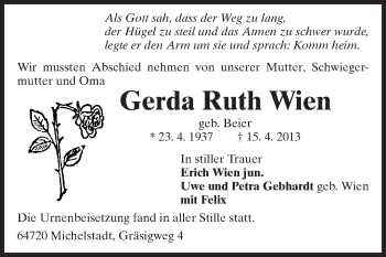 Traueranzeige von Gerda Ruth Wien von Odenwälder Echo