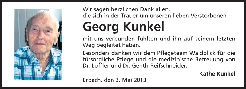  Traueranzeige für Georg Kunkel vom 03.05.2013 aus Odenwälder Echo