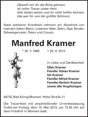 Traueranzeige von Manfred Kramer von Odenwälder Echo