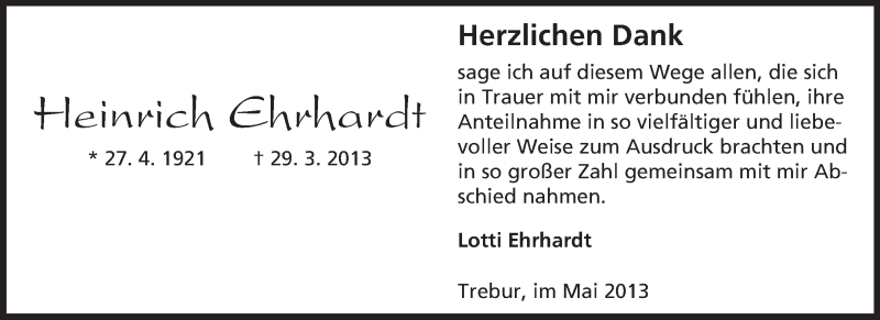  Traueranzeige für Heinrich Ehrhardt vom 04.05.2013 aus Rüsselsheimer Echo, Groß-Gerauer-Echo, Ried Echo