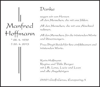 Traueranzeige von Manfred Hoffmann von Rüsselsheimer Echo, Groß-Gerauer-Echo, Ried Echo
