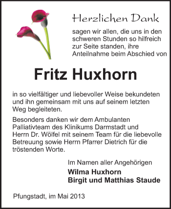 Traueranzeige von Fritz Huxhorn von Echo-Zeitungen (Gesamtausgabe)