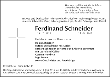 Traueranzeige von Ferdinand Schneider von Rüsselsheimer Echo, Groß-Gerauer-Echo, Ried Echo