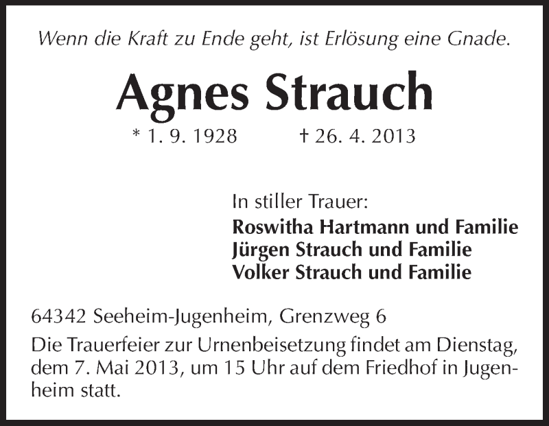  Traueranzeige für Agnes Strauch vom 04.05.2013 aus Echo-Zeitungen (Gesamtausgabe)