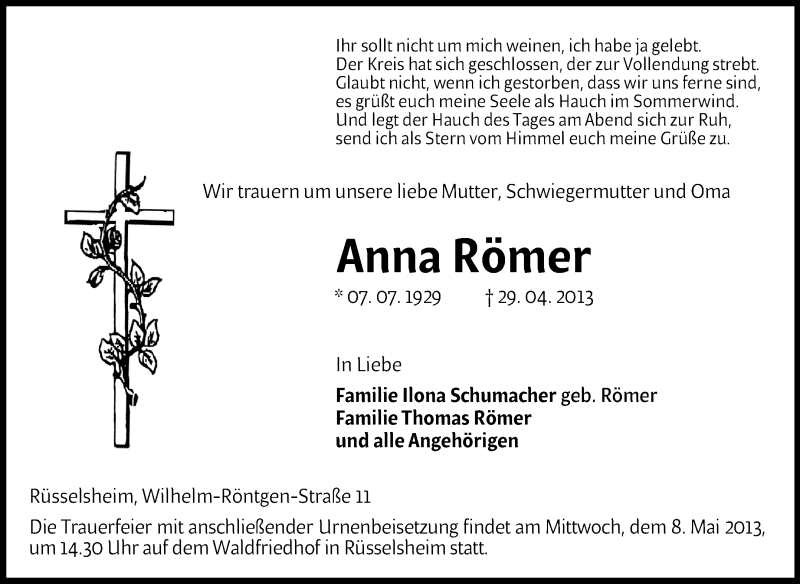  Traueranzeige für Anna Römer vom 04.05.2013 aus Rüsselsheimer Echo, Groß-Gerauer-Echo, Ried Echo