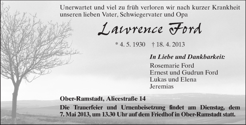  Traueranzeige für Lawrence Ford vom 04.05.2013 aus Echo-Zeitungen (Gesamtausgabe)